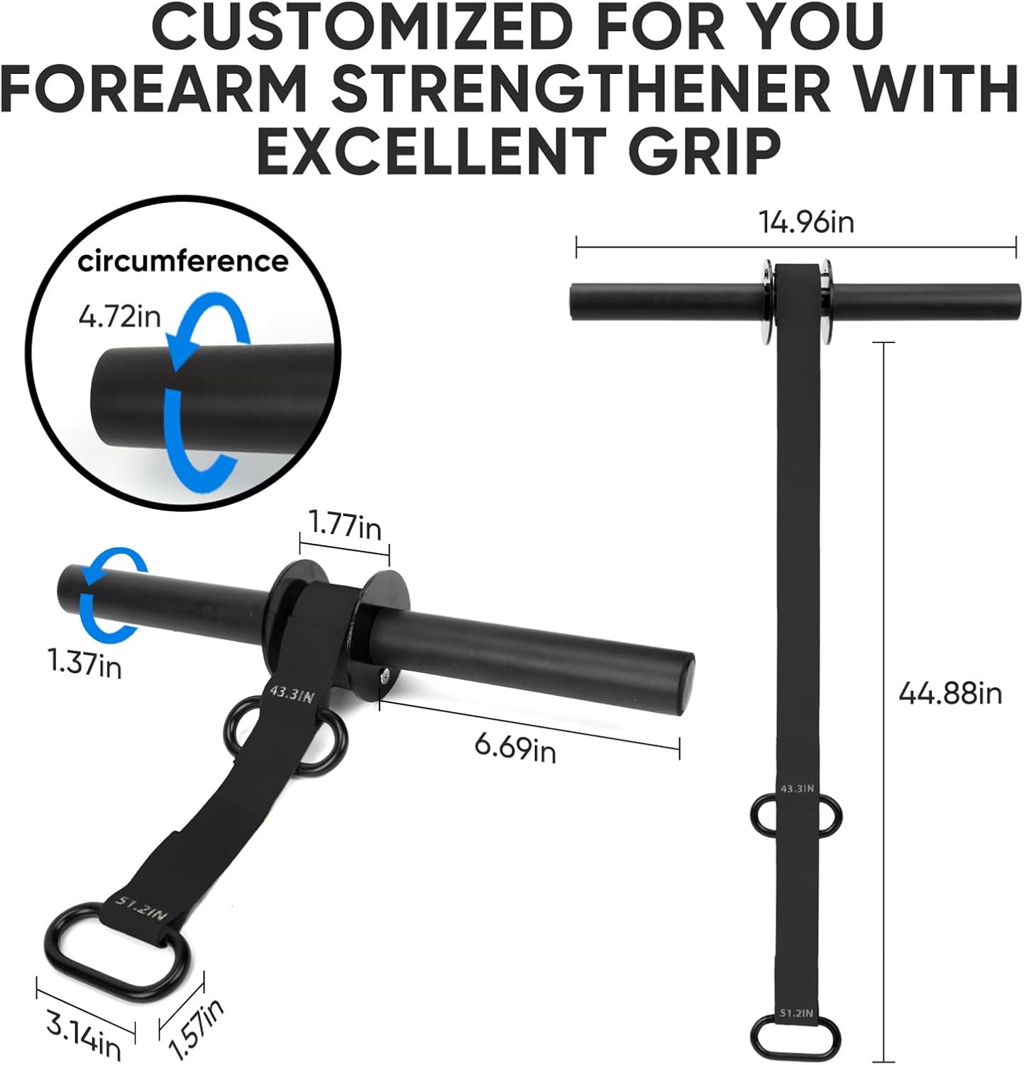 Forearm Strengthener and Wrist Roller, 43.3 Inch or 51.2 Inch Ultra Strong Nylon Webbing, Forearm Exerciser with Quick Locking Mechanism, Ideal for Hand, Wrist and Forearm Strength Training