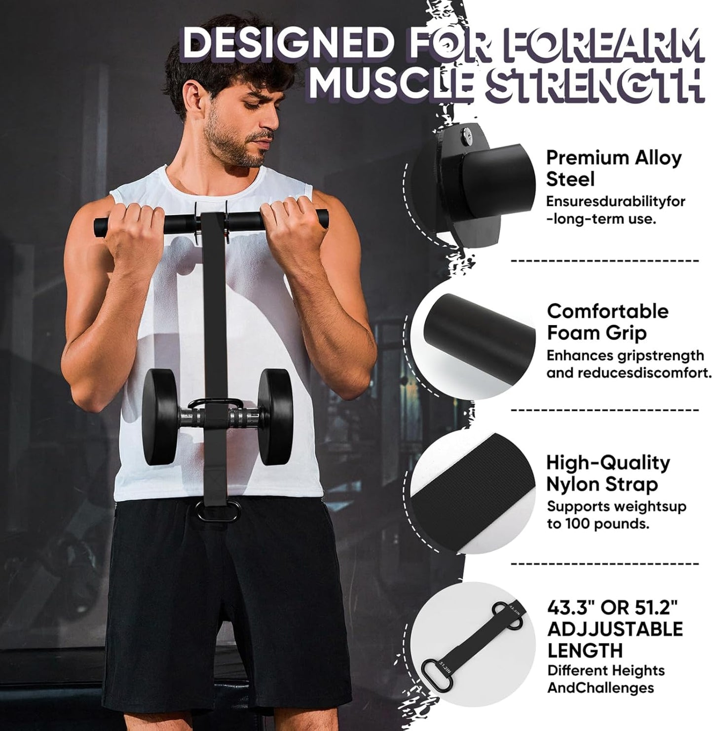 Forearm Strengthener and Wrist Roller, 43.3 Inch or 51.2 Inch Ultra Strong Nylon Webbing, Forearm Exerciser with Quick Locking Mechanism, Ideal for Hand, Wrist and Forearm Strength Training