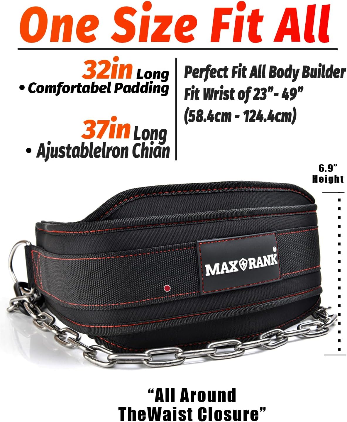 Dip Belt with 37-40" Chain, 550Lbs - 650Lbs Weight Capacity, Weightlifting Belt for Dips and Pullups