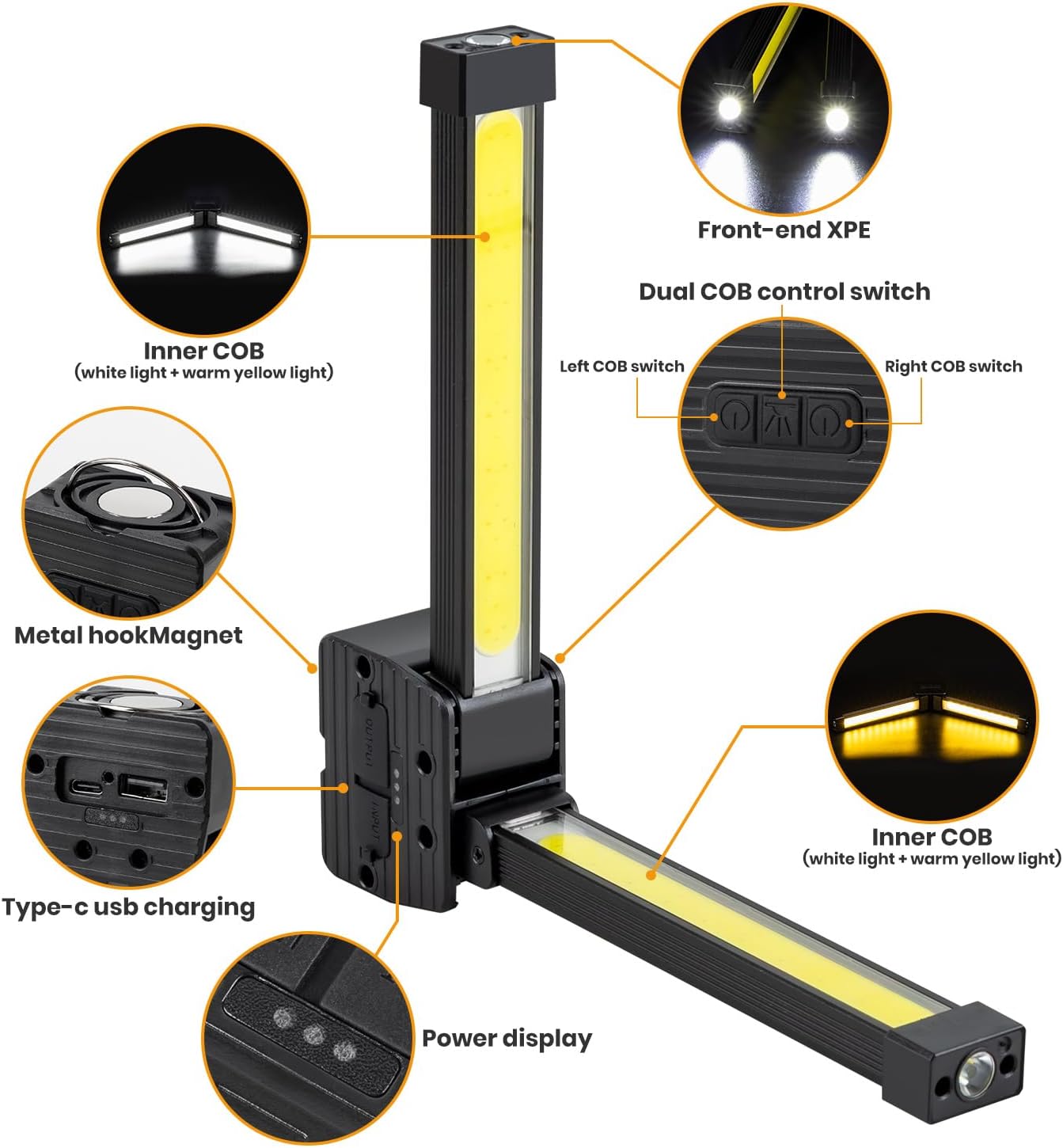 Gym Lamp, Portable Posing Lamp Magnetic LED Flashlight 7Th Gear Dimming with Hanging Hook 180° Folding Gym Light (Black)