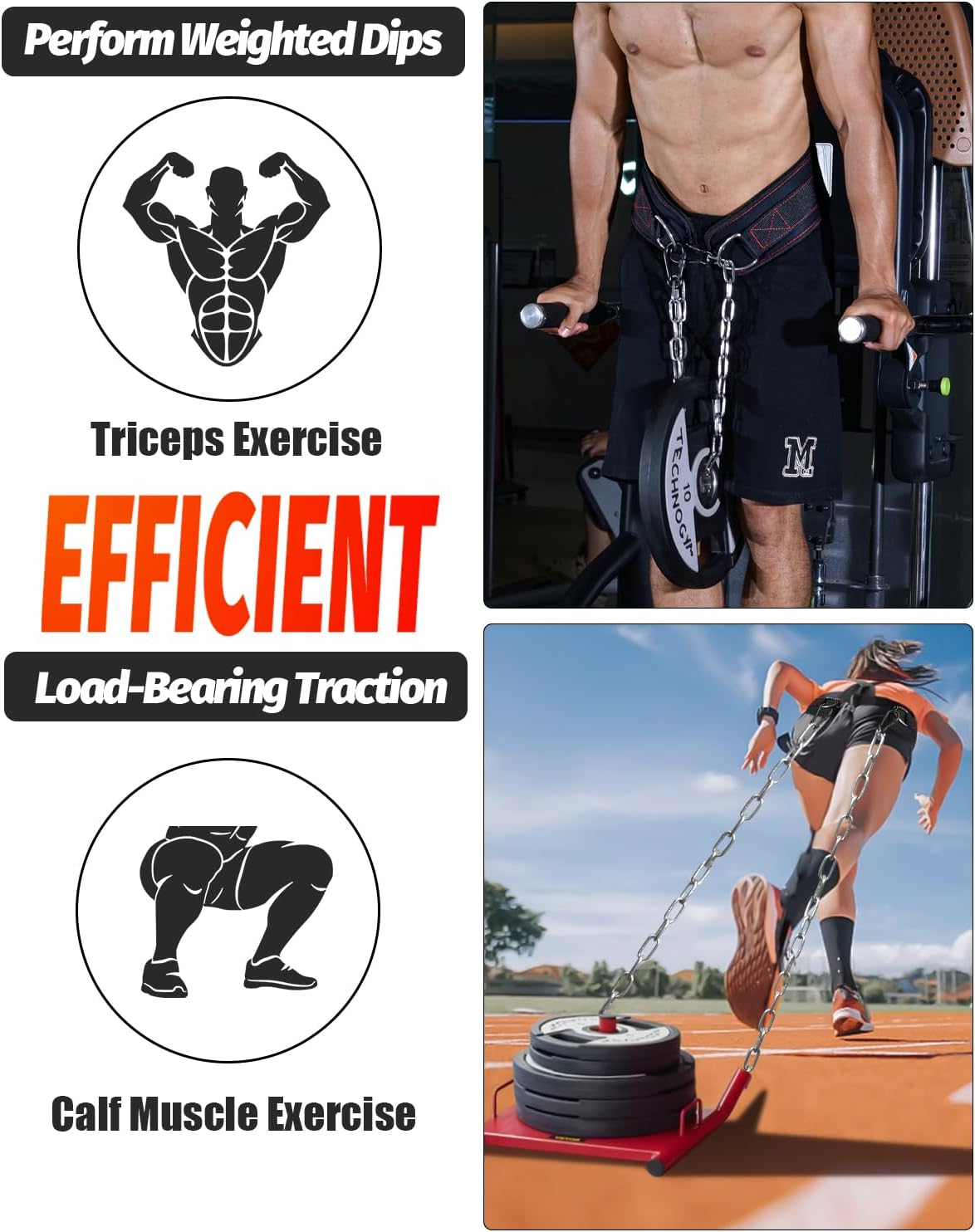 Dip Belt with 37-40" Chain, 550Lbs - 650Lbs Weight Capacity, Weightlifting Belt for Dips and Pullups