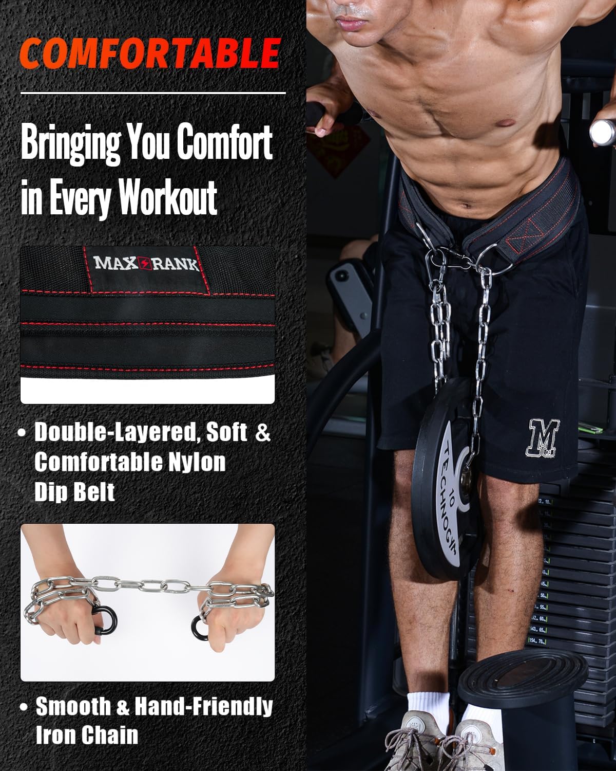Dip Belt with 37-40" Chain, 550Lbs - 650Lbs Weight Capacity, Weightlifting Belt for Dips and Pullups