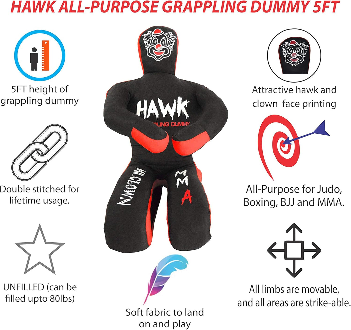 Clown Grappling Dummy for Combat Sports Mastery, Moveable and Strikeable Punching Dummy for Adults, 5 Ft. Boxing Dummy for MMA Jiu-Jitsu, Judo, Karate, and Wrestling Training and Sparring