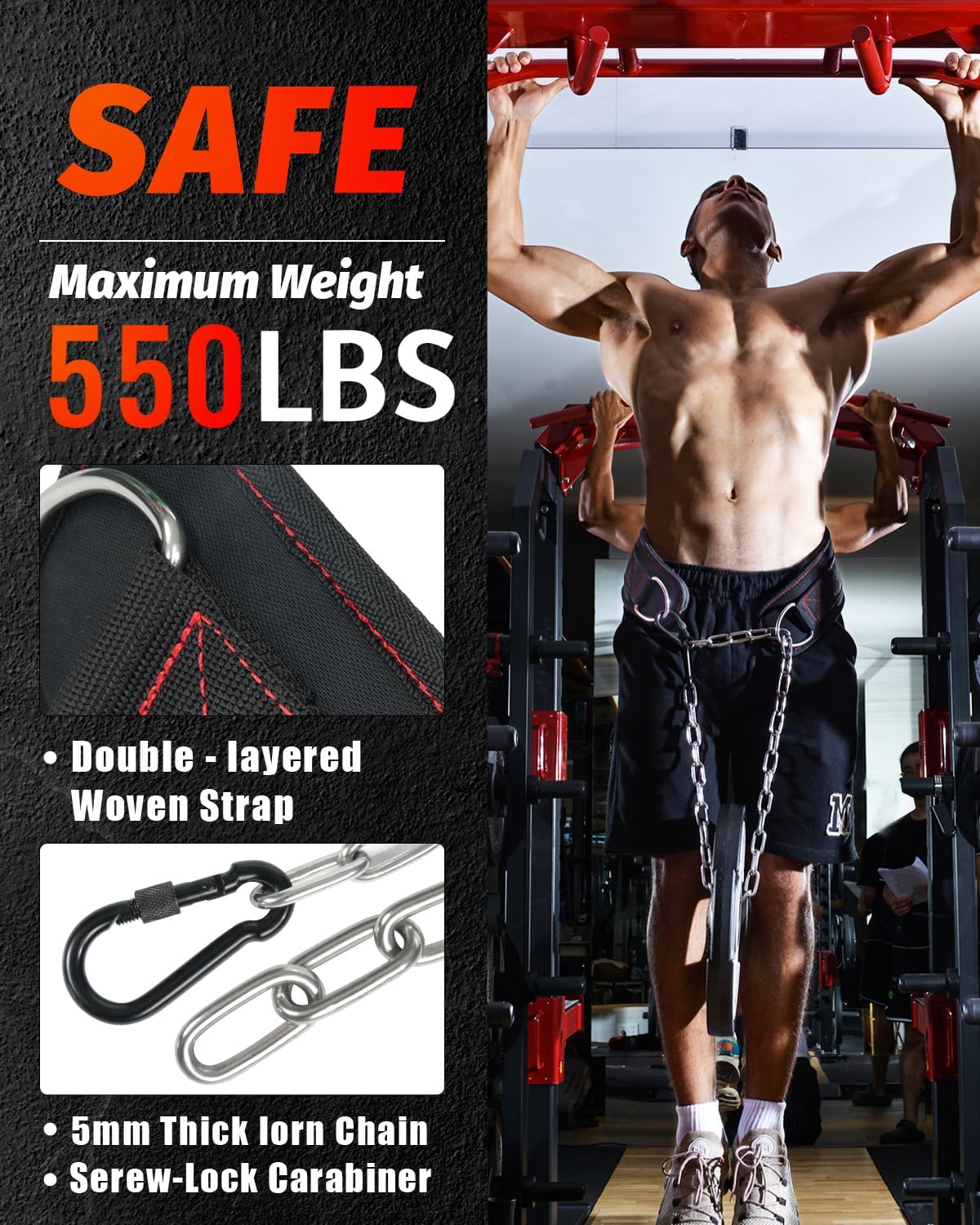 Dip Belt with 37-40" Chain, 550Lbs - 650Lbs Weight Capacity, Weightlifting Belt for Dips and Pullups