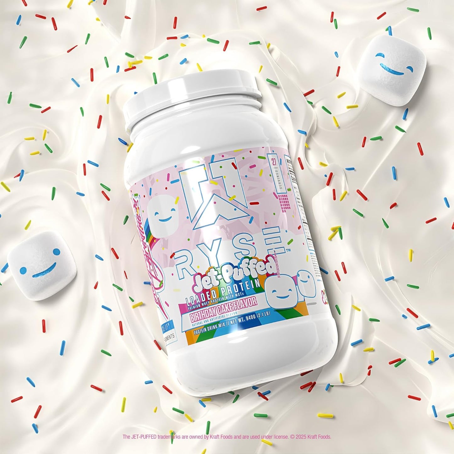RYSE Loaded Protein Powder - Jet-Puffed Birthday Cake - 25G Whey Protein Isolate & Concentrate with Prebiotic Fiber & Mcts - Low Carb, Low Sugar, Digestive-Friendly - 27 Servings / 2 Lb Tub