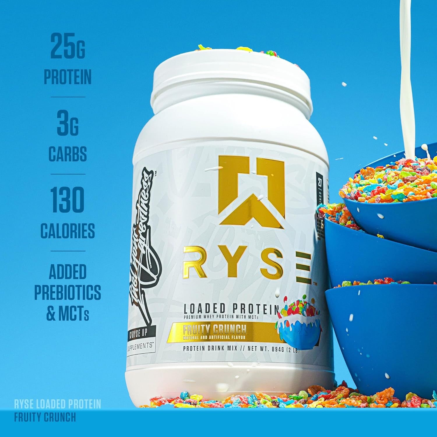 RYSE Loaded Protein Powder - Fruity Crunch - 25G Whey Protein Isolate & Concentrate with Prebiotic Fiber & Mcts - Low Carb, Low Sugar, Digestive-Friendly - 27 Servings / 2 Lb Tub