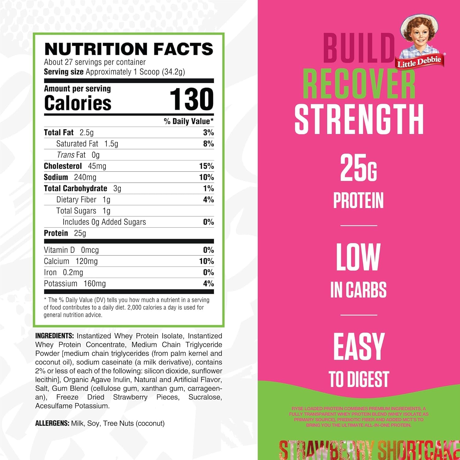 RYSE Loaded Protein Powder - Little Debbie Strawberry Shortcake Rolls - 25G Whey Protein Isolate & Concentrate with Prebiotic Fiber & Mcts - Low Carb & Low Sugar - 27 Servings / 2 Lb Tub