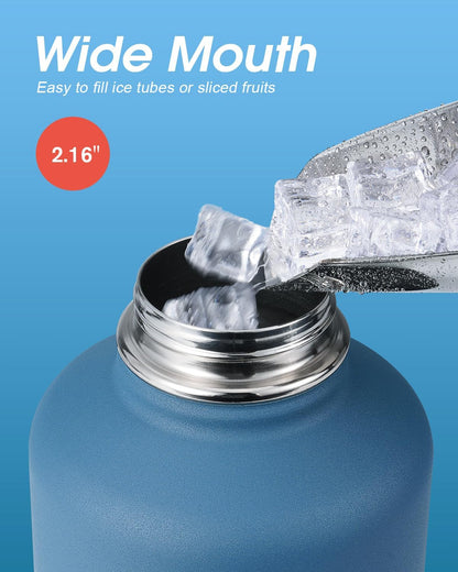 Half Gallon Water Bottle Insulated with Straw & 3 Lids,  64 Oz Water Jug Large Metal Stainless Steel Wide Mouth for Sports, Gym or Office, Non-Bpa Keep Cold 48H Hot 24H, Samurai Cyan