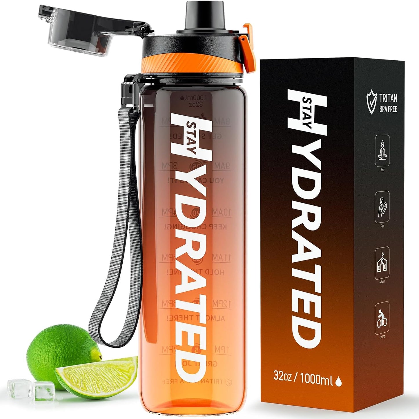 Water Bottle, 32 Oz Motivational Water Bottles with Time Marker-Tritan & BPA Free, Sports Water Bottle with Time to Drink & Strap, Wide Mouth, Leakproof -Gift for Christmas Gym Fitness & Outdoor