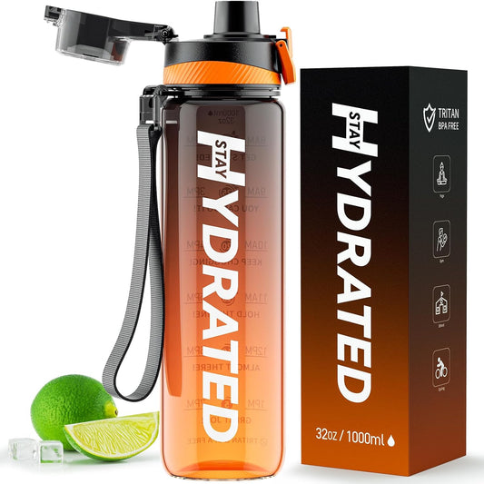 Water Bottle, 32 Oz Motivational Water Bottles with Time Marker-Tritan & BPA Free, Sports Water Bottle with Time to Drink & Strap, Wide Mouth, Leakproof -Gift for Christmas Gym Fitness & Outdoor