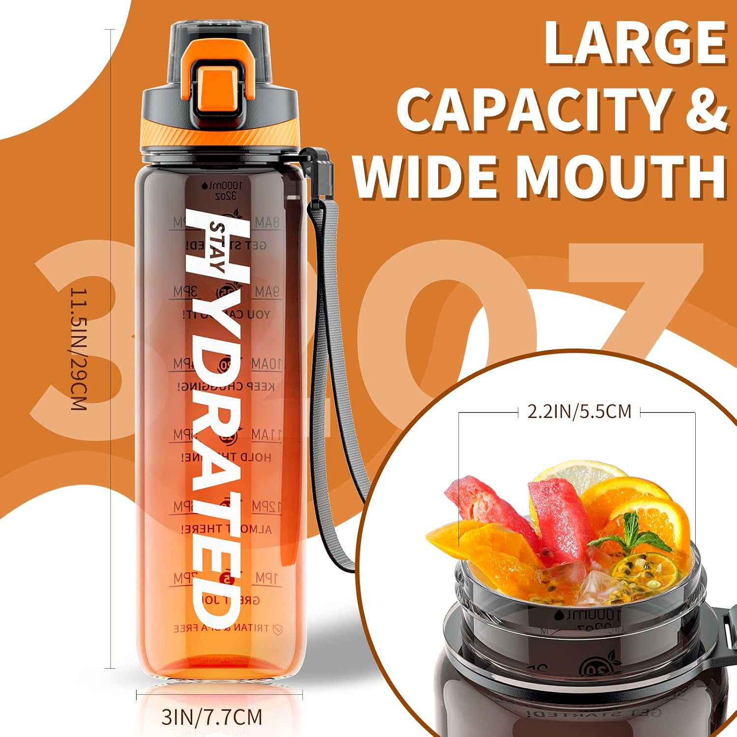 Water Bottle, 32 Oz Motivational Water Bottles with Time Marker-Tritan & BPA Free, Sports Water Bottle with Time to Drink & Strap, Wide Mouth, Leakproof -Gift for Christmas Gym Fitness & Outdoor