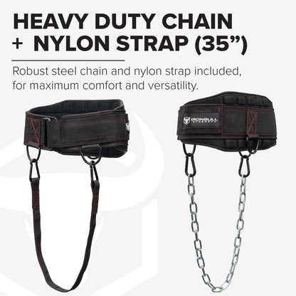 Advanced Dip Belt V2 – Heavy-Duty Weighted Belt with Reinforced Back, Chain & Nylon Strap – 3-Point Anchor D-Rings for Dips, Pull-Ups, Squats & More