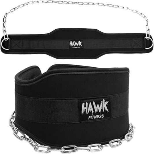 Sports Dip Belt with Chain for Bodyweight Exercises, Black 6" Padded Weightlifting Belt with 36" Steel Chain and D-Ring Carabiners, Lift 300 Lbs. of Dumbbells, Kettlebells, or Weight Plates