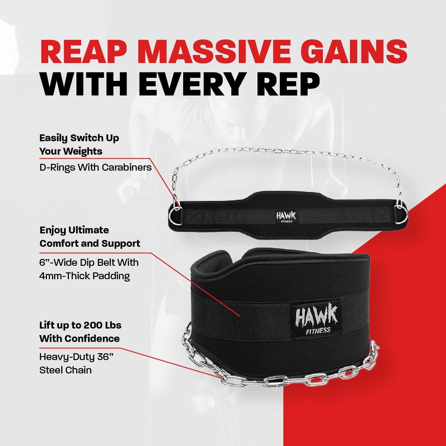 Sports Dip Belt with Chain for Bodyweight Exercises, Black 6" Padded Weightlifting Belt with 36" Steel Chain and D-Ring Carabiners, Lift 300 Lbs. of Dumbbells, Kettlebells, or Weight Plates