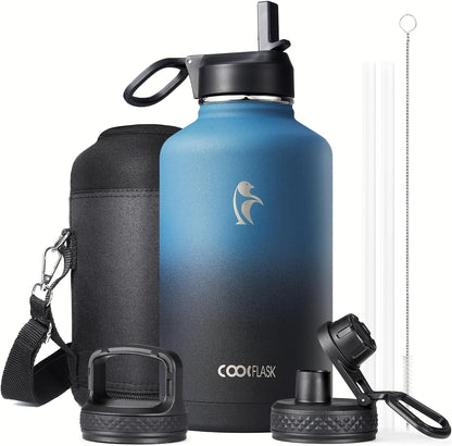 Half Gallon Water Bottle Insulated with Straw & 3 Lids,  64 Oz Water Jug Large Metal Stainless Steel Wide Mouth for Sports, Gym or Office, Non-Bpa Keep Cold 48H Hot 24H, Samurai Cyan