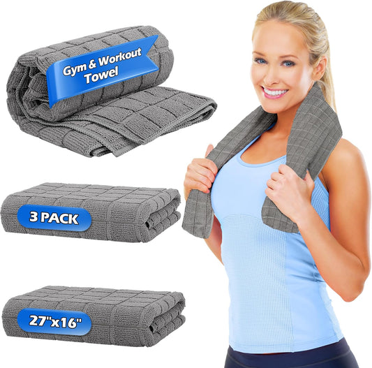 Microfiber Gym Towels, 3 Pack Sweat Towels, 16 X 27 Inch Quick Dry Hand Towels, Absorbent Yoga Towels for Home Gym Bag, Beach Travel Sport Towel, Workout Equipment for Men & Women