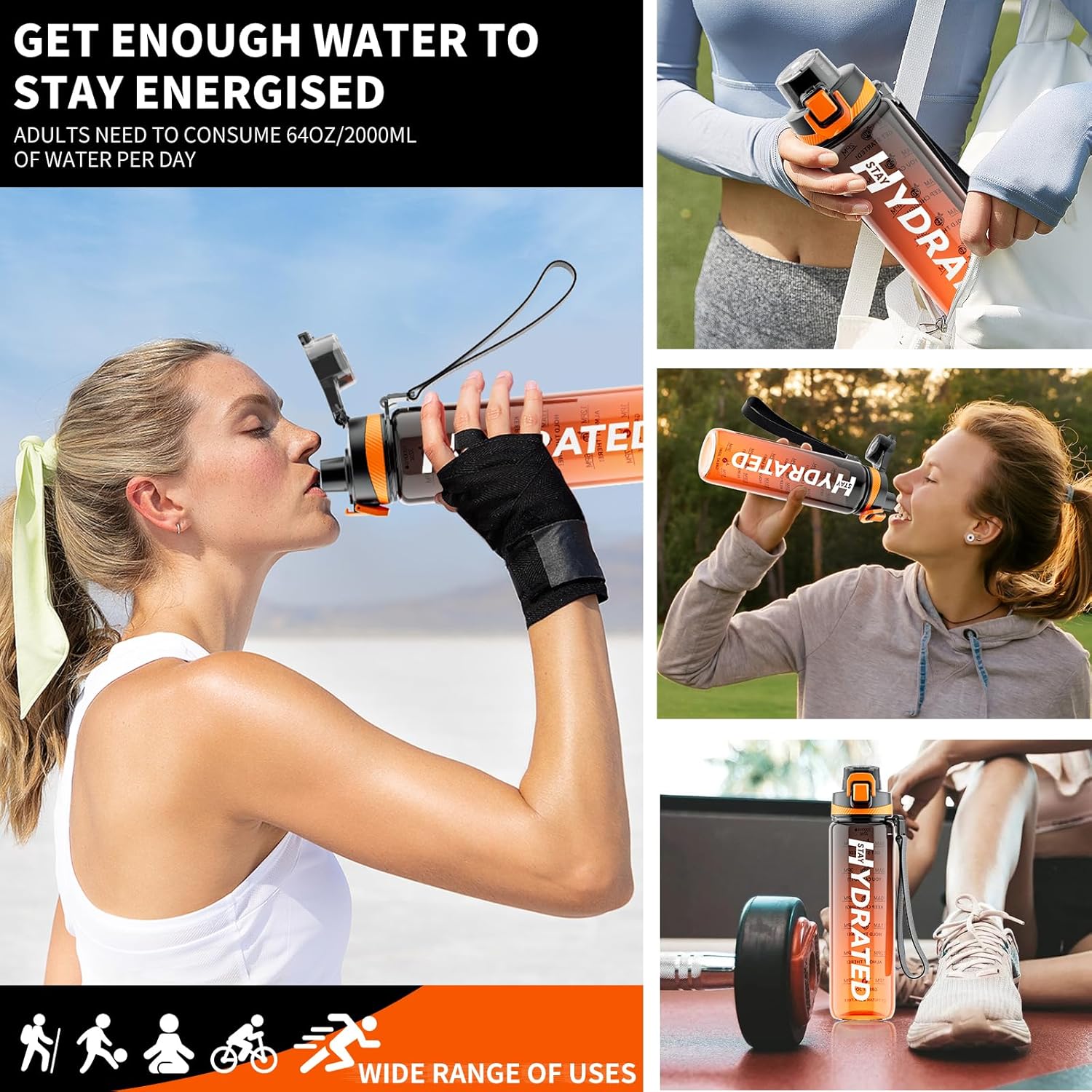 Water Bottle, 32 Oz Motivational Water Bottles with Time Marker-Tritan & BPA Free, Sports Water Bottle with Time to Drink & Strap, Wide Mouth, Leakproof -Gift for Christmas Gym Fitness & Outdoor