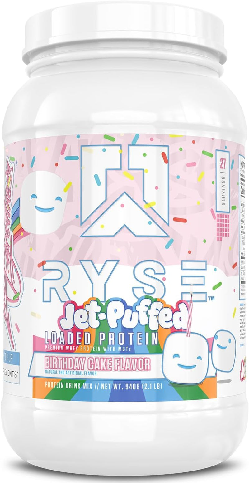 RYSE Loaded Protein Powder - Jet-Puffed Birthday Cake - 25G Whey Protein Isolate & Concentrate with Prebiotic Fiber & Mcts - Low Carb, Low Sugar, Digestive-Friendly - 27 Servings / 2 Lb Tub