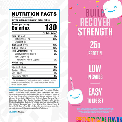 RYSE Loaded Protein Powder - Jet-Puffed Birthday Cake - 25G Whey Protein Isolate & Concentrate with Prebiotic Fiber & Mcts - Low Carb, Low Sugar, Digestive-Friendly - 27 Servings / 2 Lb Tub