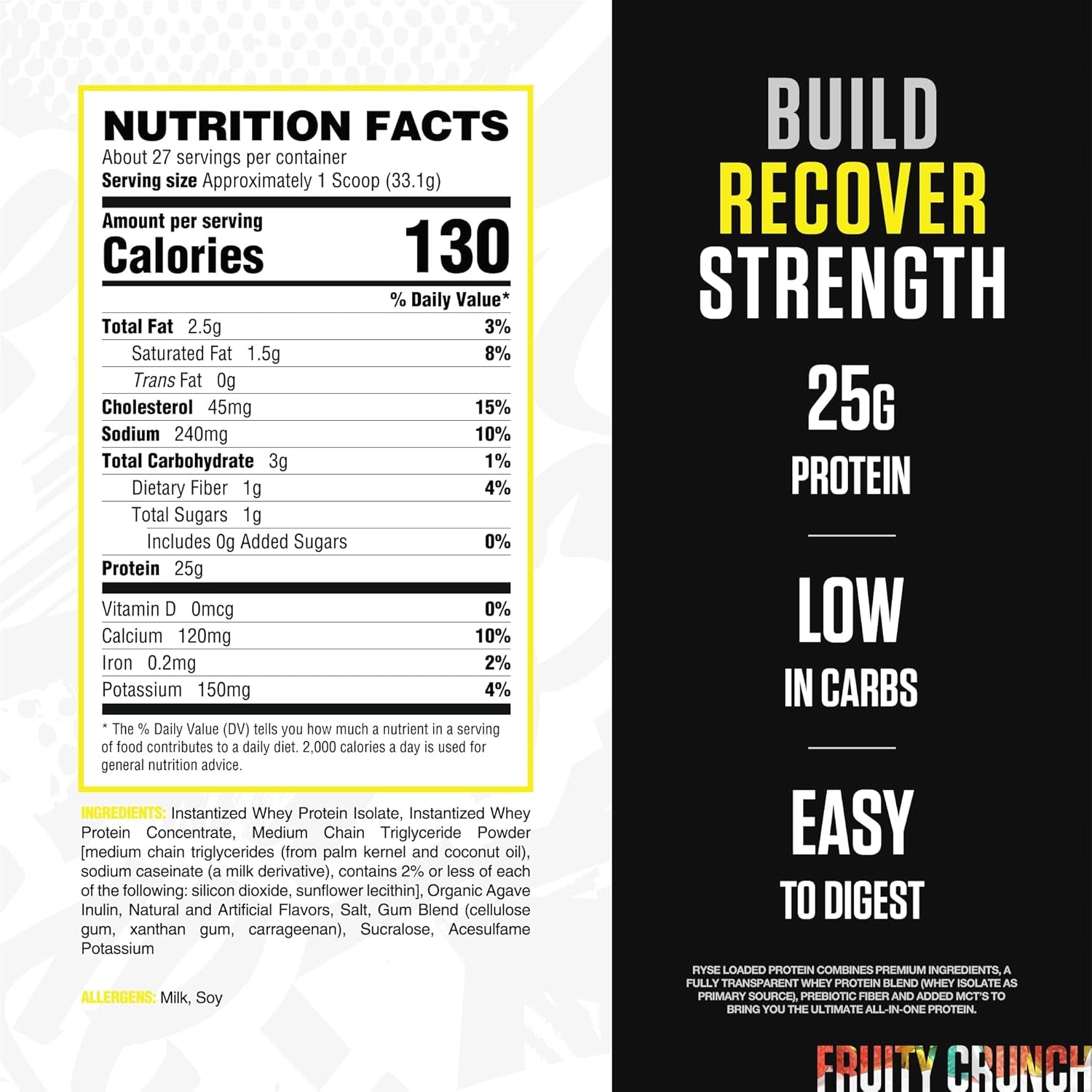 RYSE Loaded Protein Powder - Fruity Crunch - 25G Whey Protein Isolate & Concentrate with Prebiotic Fiber & Mcts - Low Carb, Low Sugar, Digestive-Friendly - 27 Servings / 2 Lb Tub
