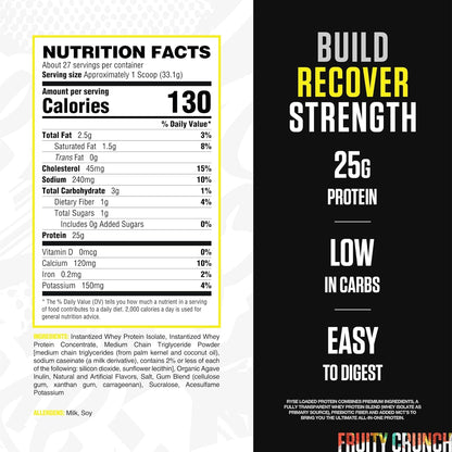 RYSE Loaded Protein Powder - Fruity Crunch - 25G Whey Protein Isolate & Concentrate with Prebiotic Fiber & Mcts - Low Carb, Low Sugar, Digestive-Friendly - 27 Servings / 2 Lb Tub