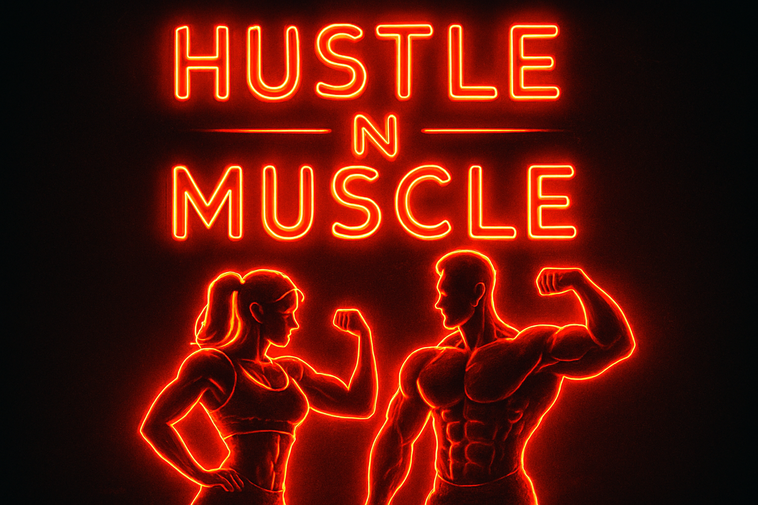 Hustle N Muscle as Neon Sign style in Red, in the top half of image. Second half of the image a male and female flexing a pose in neon red